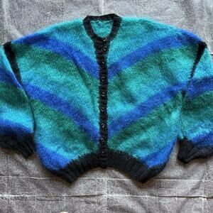 Men's Vintage 70s Blue Teal Black Mohair Button Up Striped Cardigan Sweater Sz L
